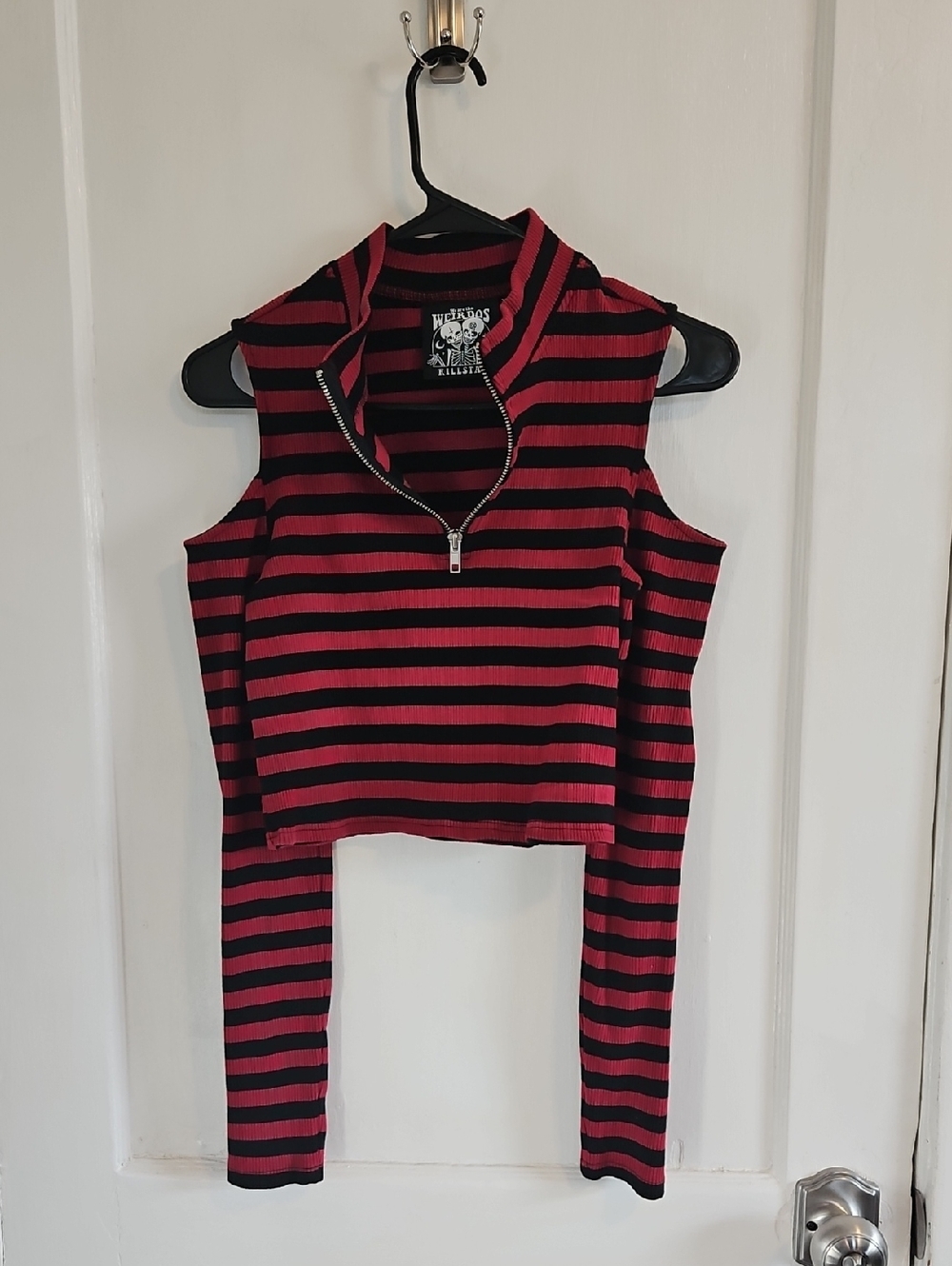 Killstar Black and Red Striped Shoulderless Zip-Up Crop Top